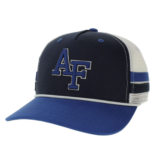 Air Force Long Blue Line Trucker Hat in navy and royal with embroidered AF logo and mesh back