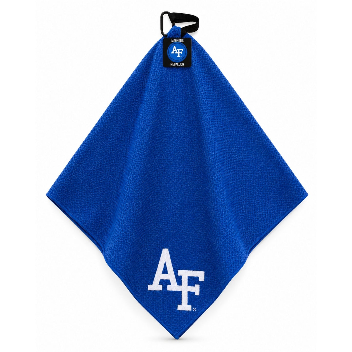 Air Force magnetic embroidered golf towel with AF logo and built-in magnetic attachment displayed on a golf bag