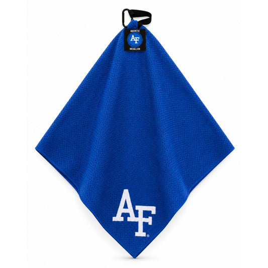 Air Force magnetic embroidered golf towel with AF logo and built-in magnetic attachment displayed on a golf bag