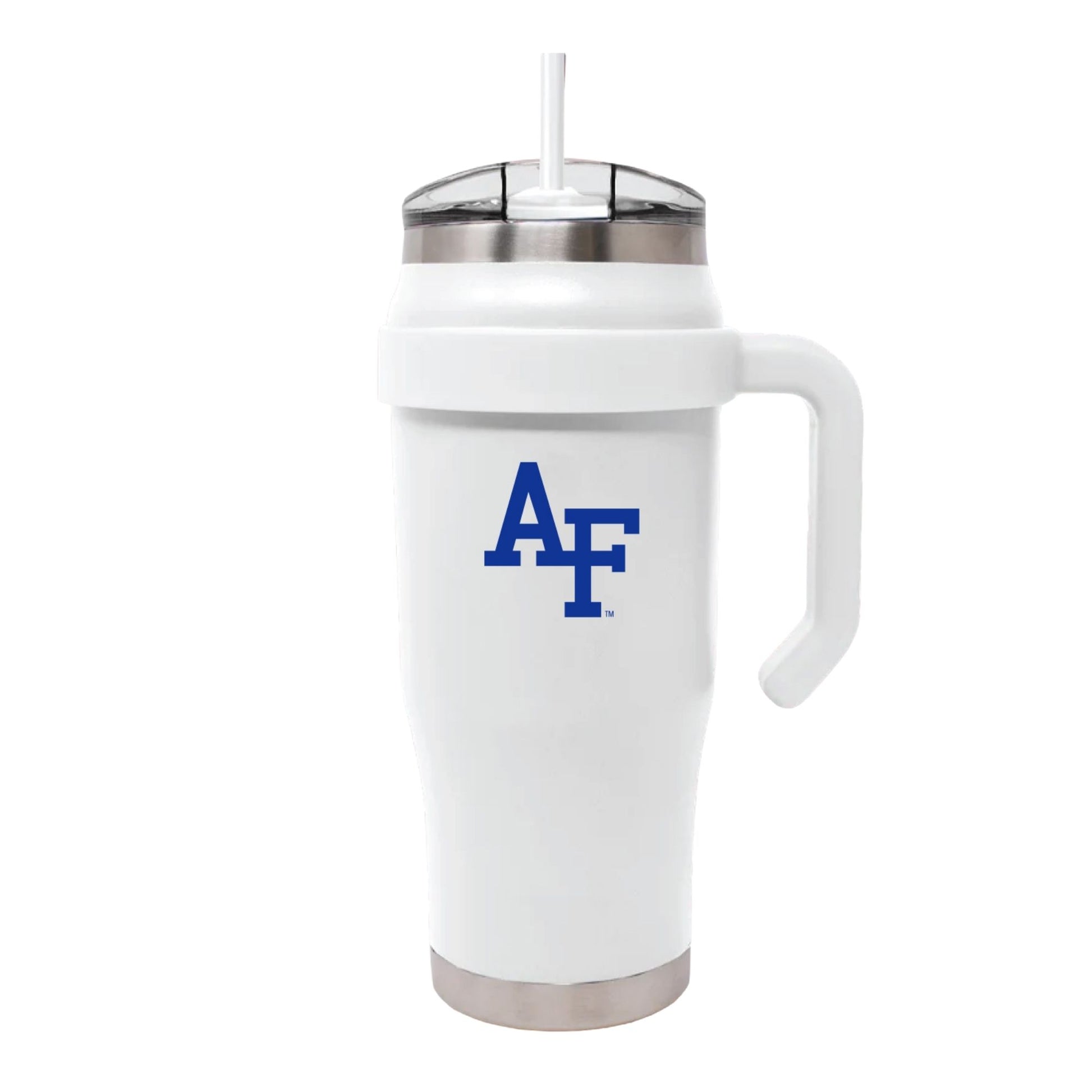 Air Force Mission Tumbler 32 oz white with handle, straw lid, and insulated stainless steel design
