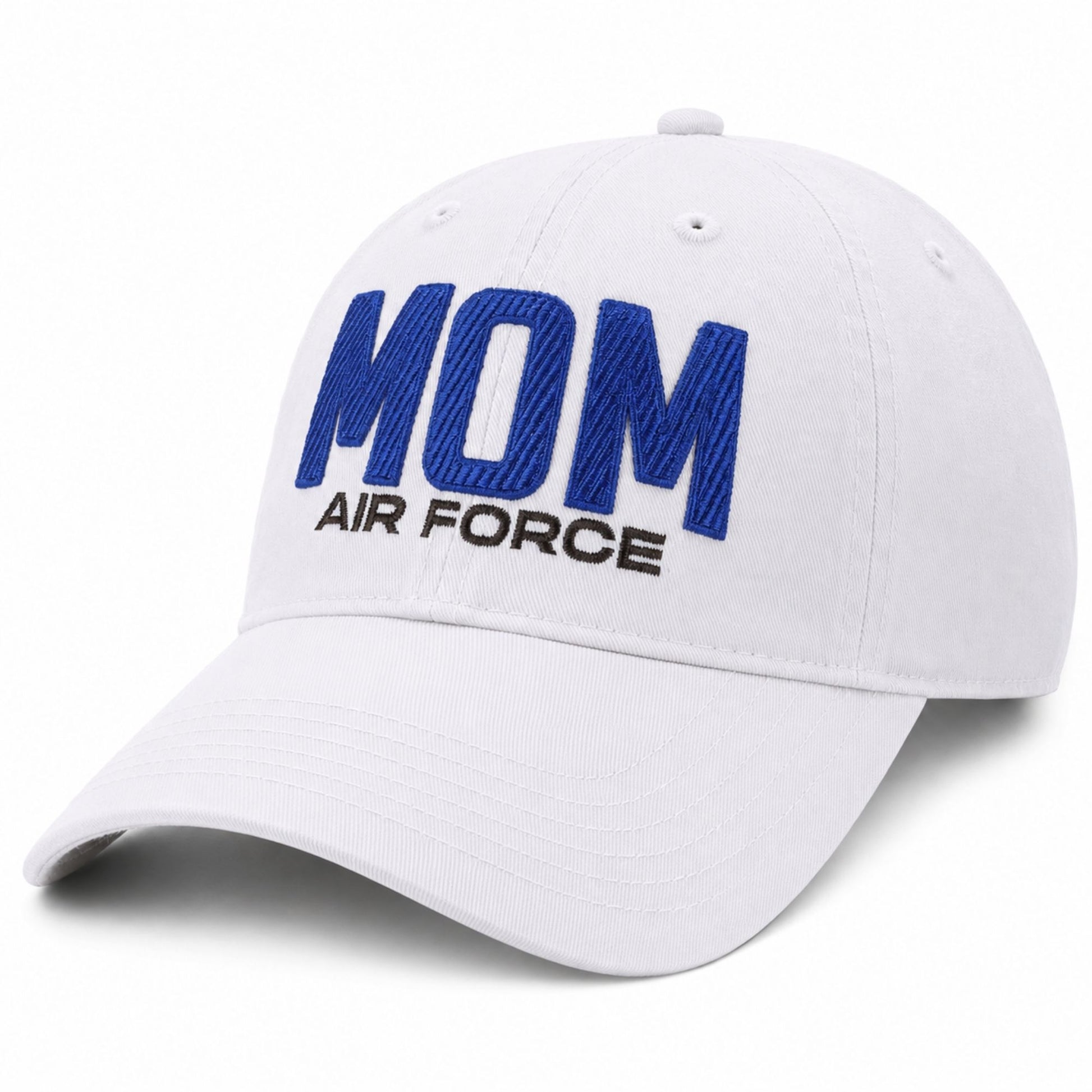 White Air Force Mom classic hat with bold embroidered blue lettering