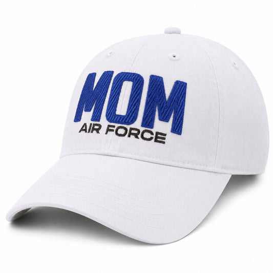 White Air Force Mom classic hat with bold embroidered blue lettering