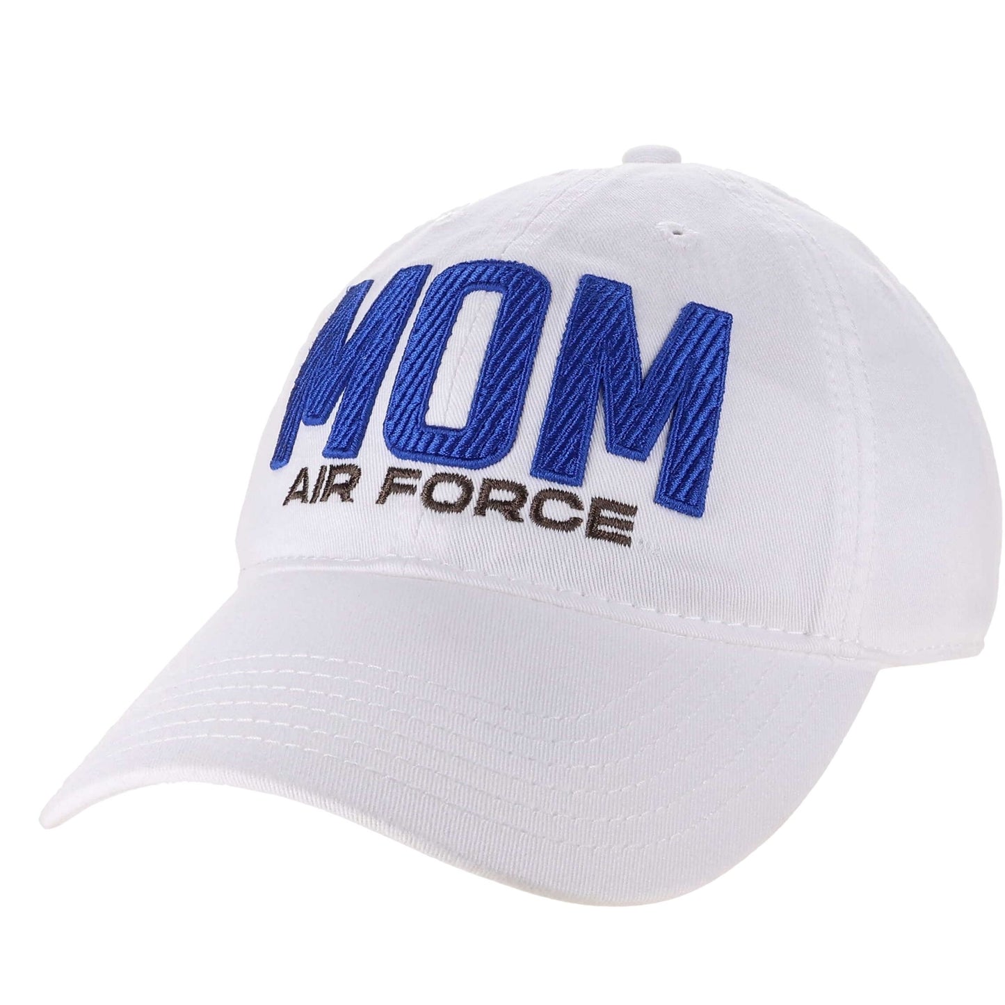 White Air Force Mom classic hat with bold embroidered blue lettering
