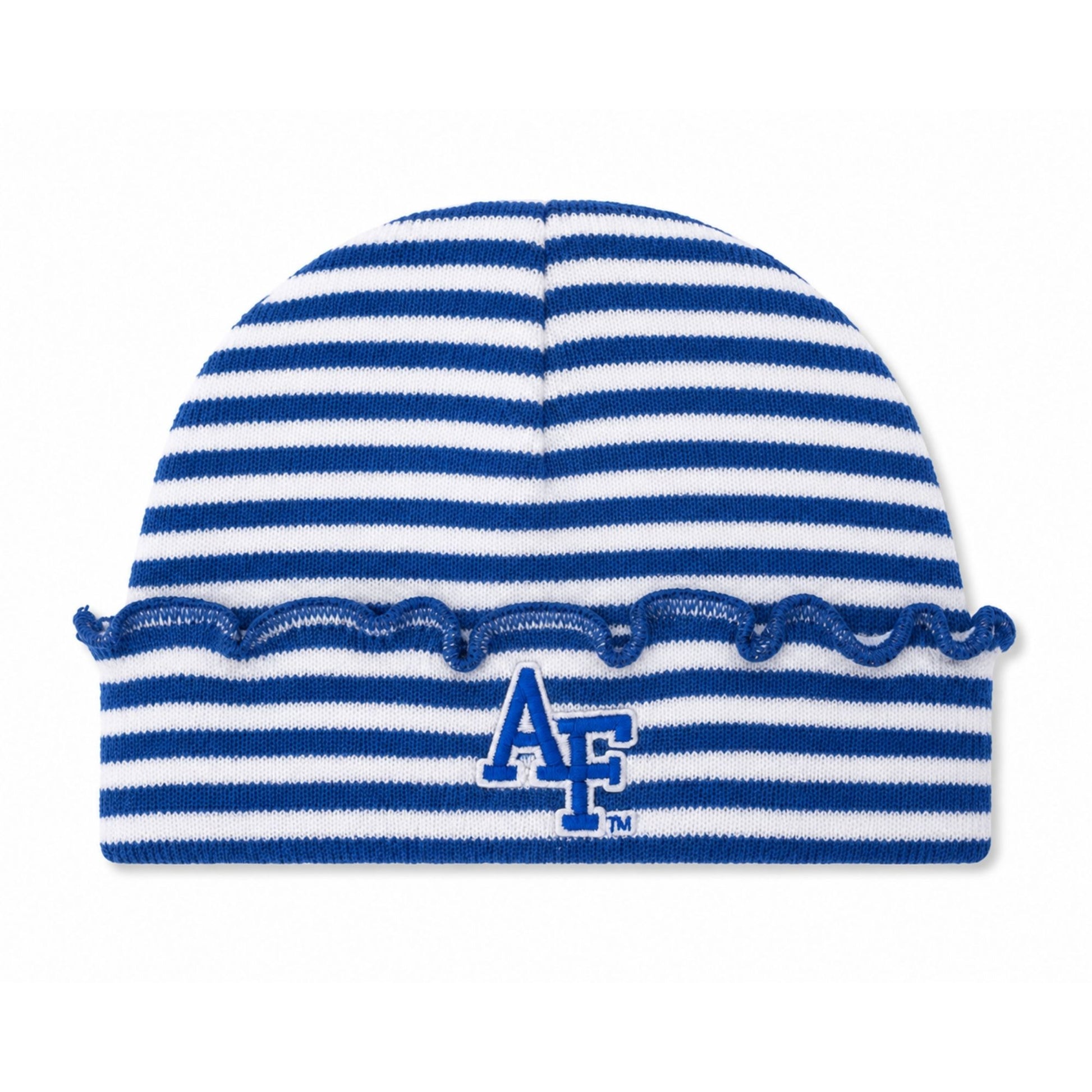 Newborn royal blue and white striped knit cap with ruffled trim and embroidered Air Force AF logo.