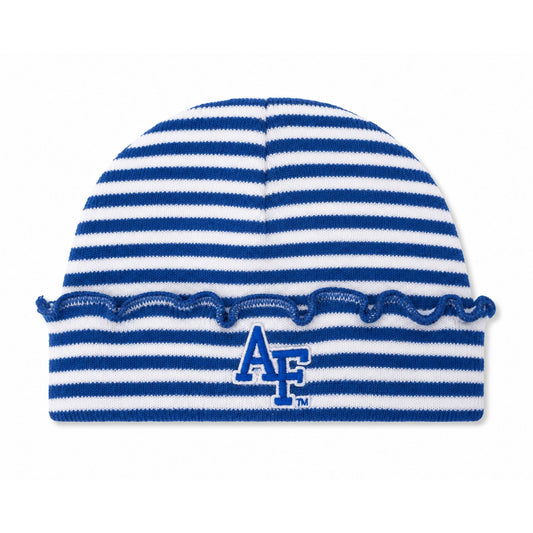 Newborn royal blue and white striped knit cap with ruffled trim and embroidered Air Force AF logo.