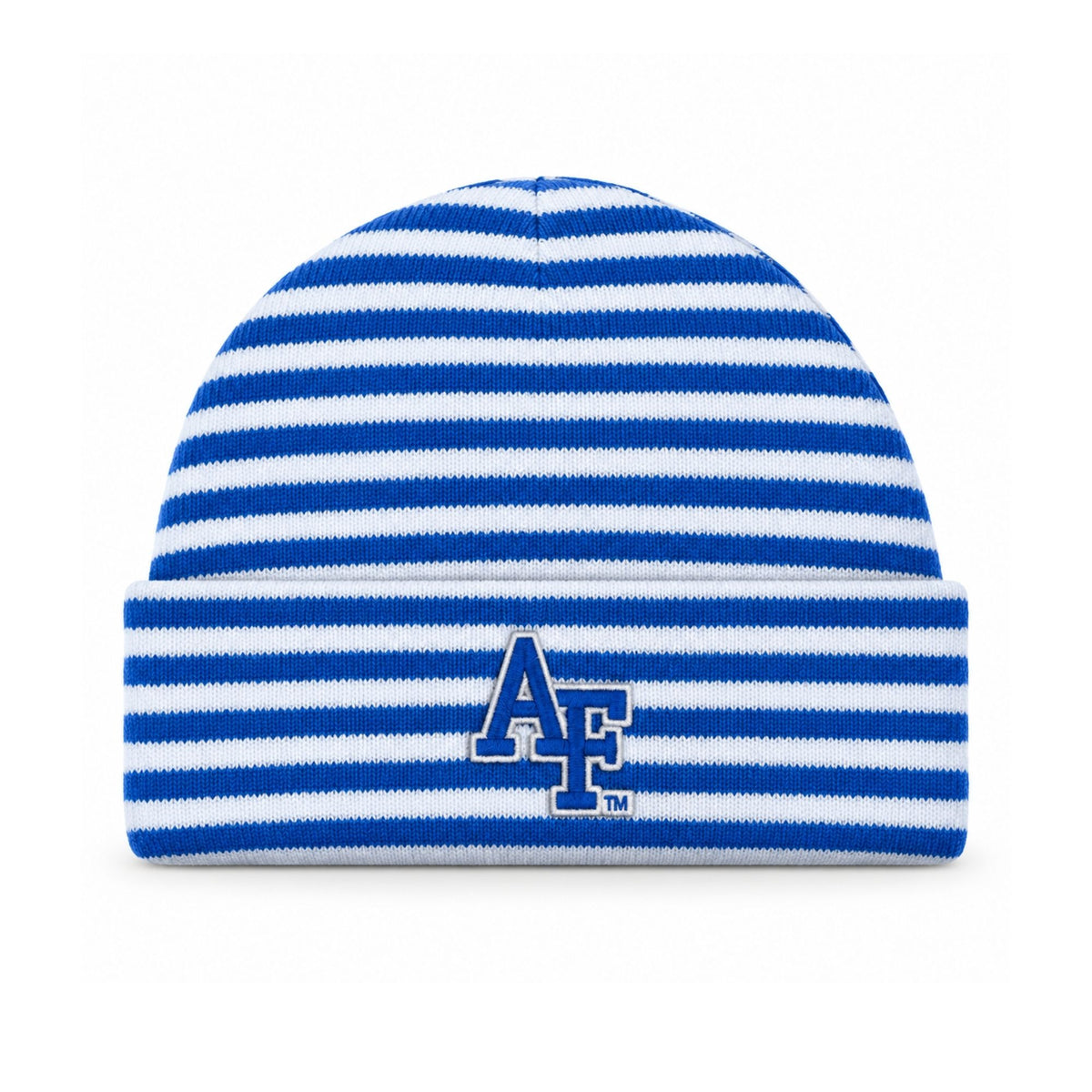 Blue and white striped Air Force newborn cap with embroidered AF logo