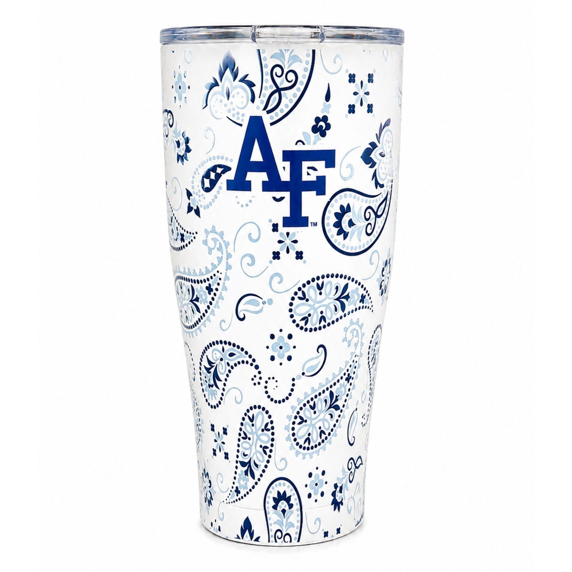 Air Force Paisley Tumbler featuring a navy AF logo and blue paisley design on a white 30 oz insulated tumbler