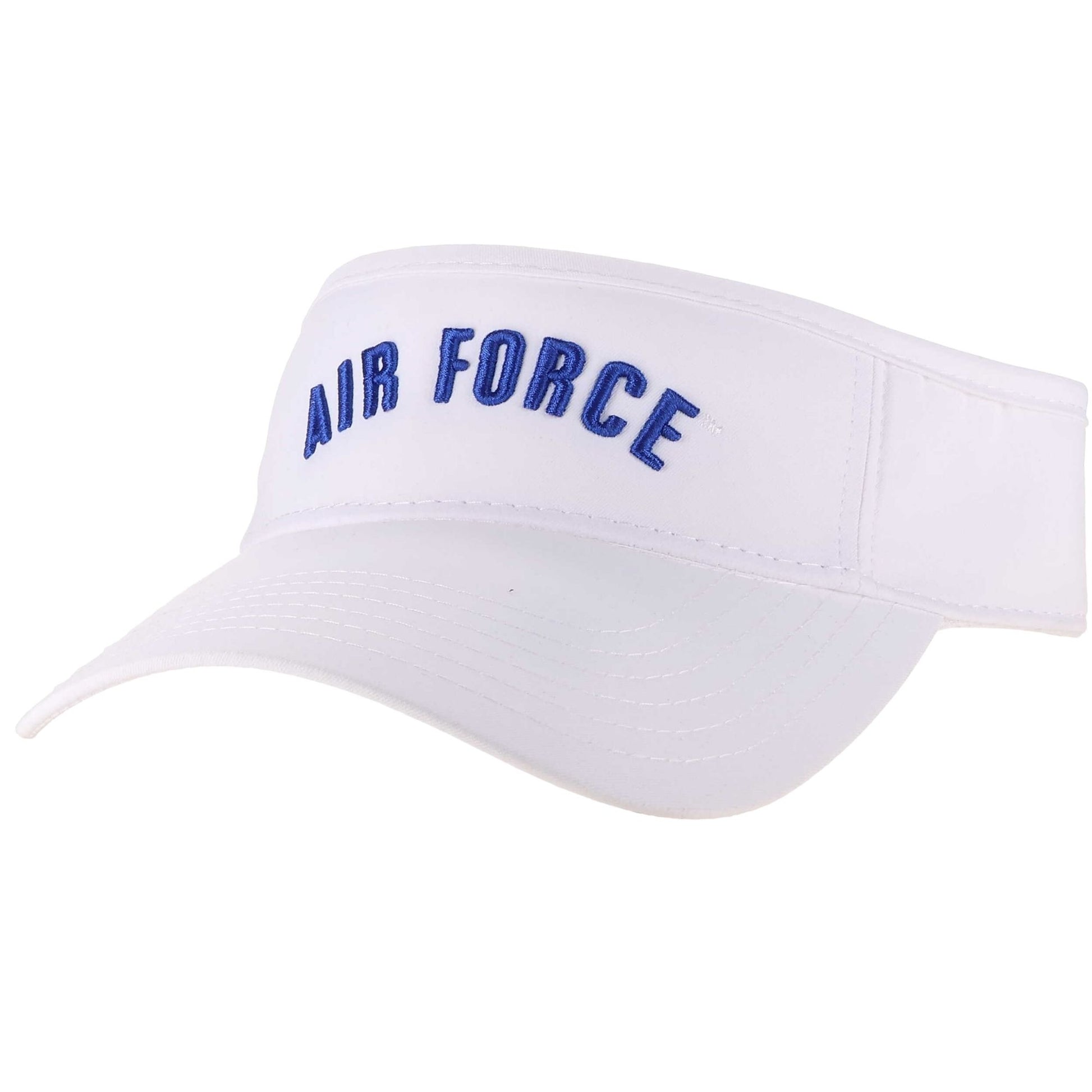White Air Force performance visor with embroidered blue arch logo