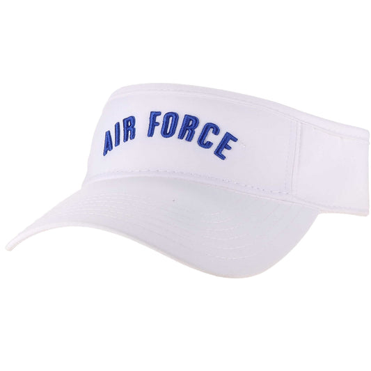 White Air Force performance visor with embroidered blue arch logo