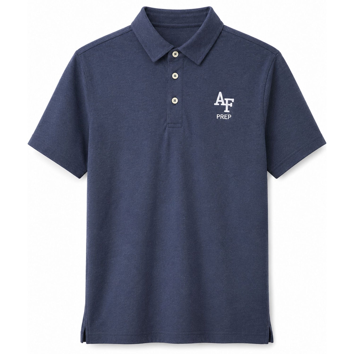 Air Force Prep navy polo shirt with embroidered AF Prep logo on left 