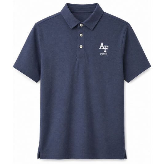 Air Force Prep navy polo shirt with embroidered AF Prep logo on left 