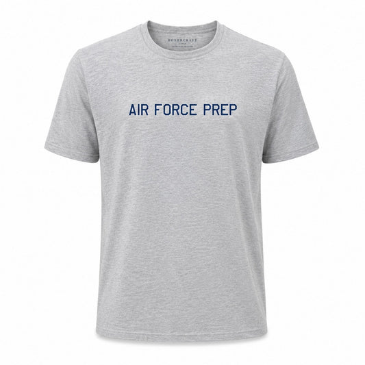 Air Force Prep t-shirt in gray with navy graphic on front and classic crewneck design