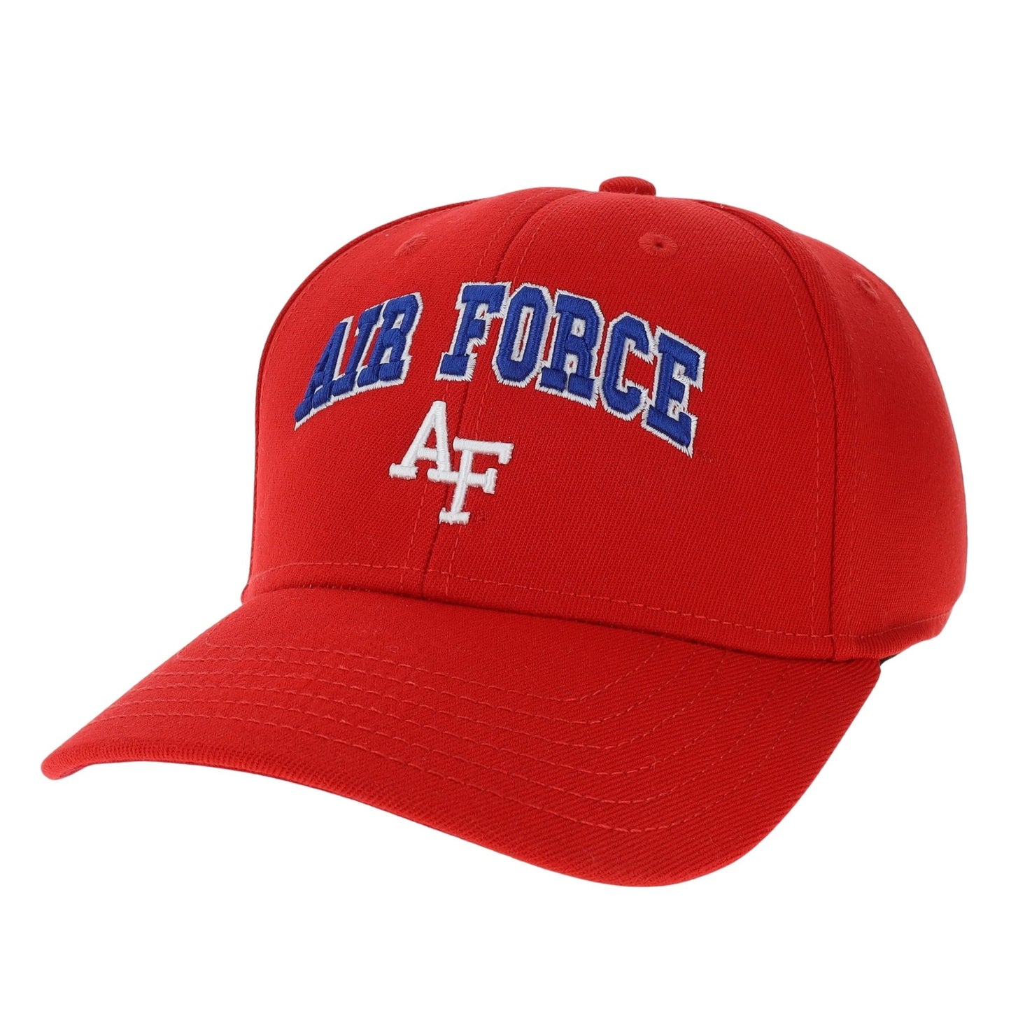 Air Force red hat with embroidered Air Force text and AF logo in blue and white