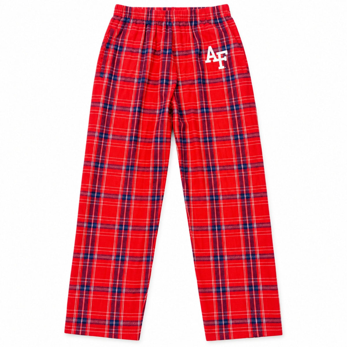 Red Air Force pajama pants with navy and white plaid, elastic waistband, and white AF logo.