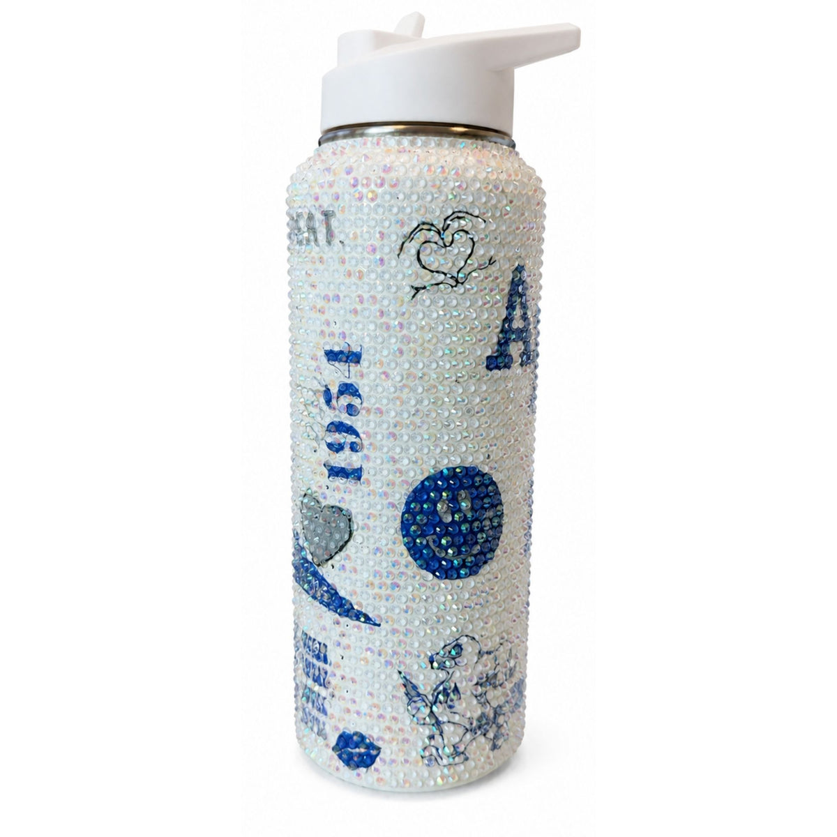 Side view of an iridescent rhinestone water bottle with blue and silver Air Force-themed graphics and a white lid.