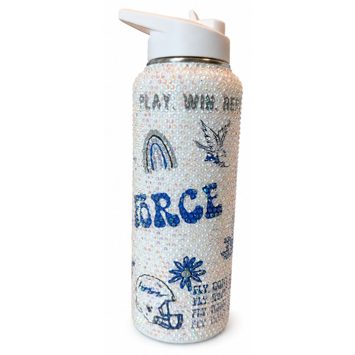 Reverse view of an iridescent rhinestone water bottle featuring blue Air Force lettering, a rainbow and decorative graphics.