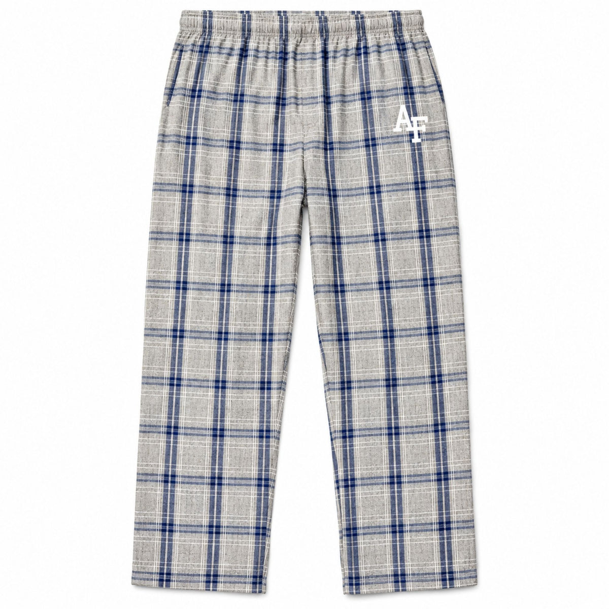 Silver-gray Air Force pajama pants with navy and white plaid, elastic waistband, and white AF logo.