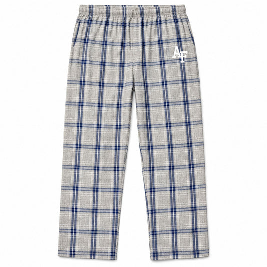 Silver-gray Air Force pajama pants with navy and white plaid, elastic waistband, and white AF logo.