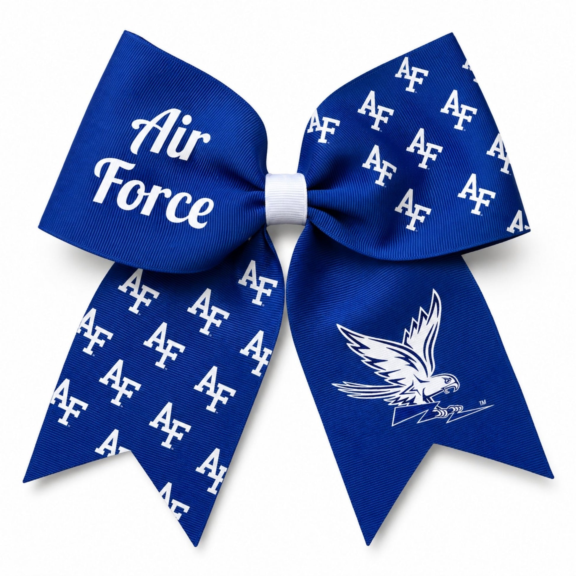 Royal blue Air Force Spirit Cheer Bow with AF logos, falcon graphic, and white Air Force lettering