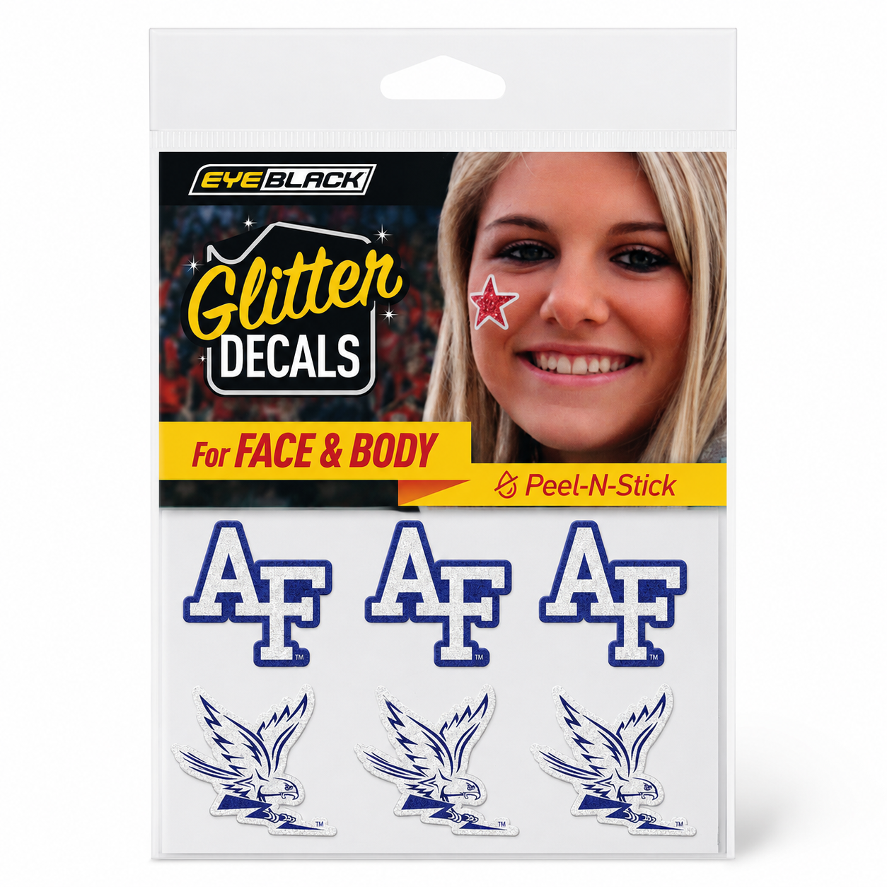 Air Force Spirit Glitter Face and Body Decals package featuring glitter AF logos and falcon decals for game day spirit wear