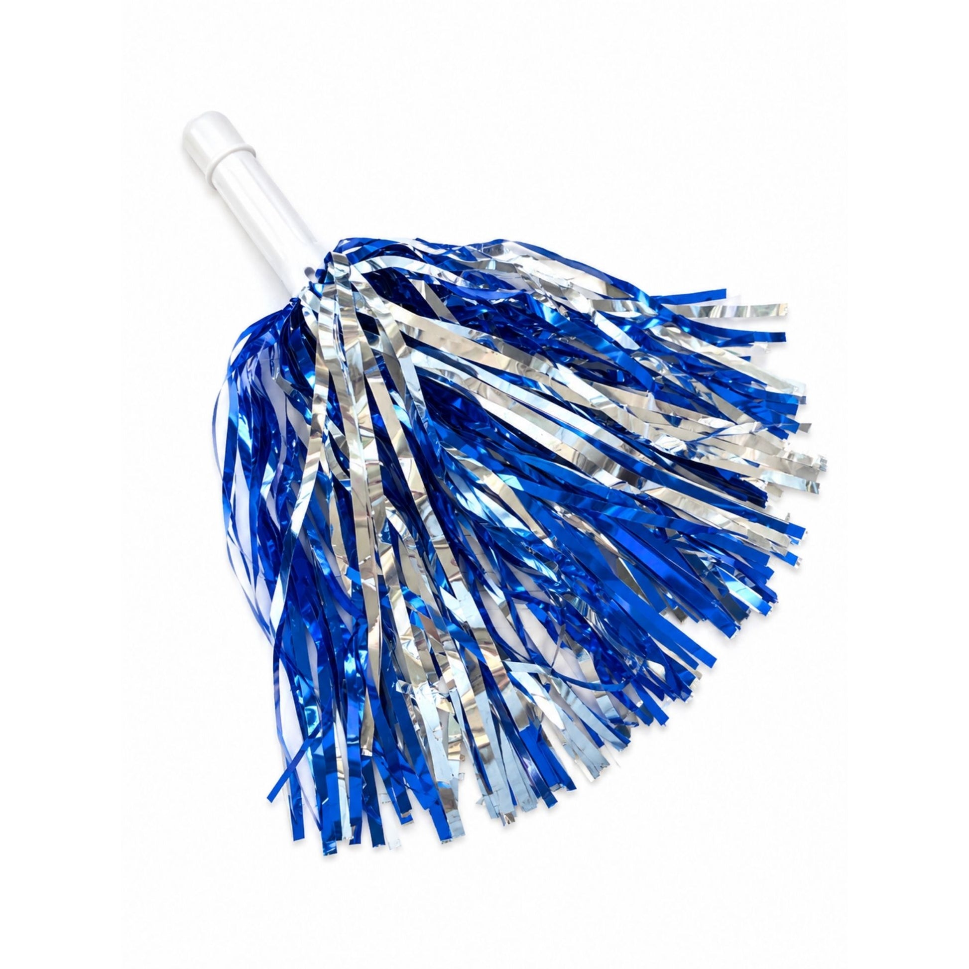 Air Force spirit pom with metallic royal blue and silver streamers and white handle