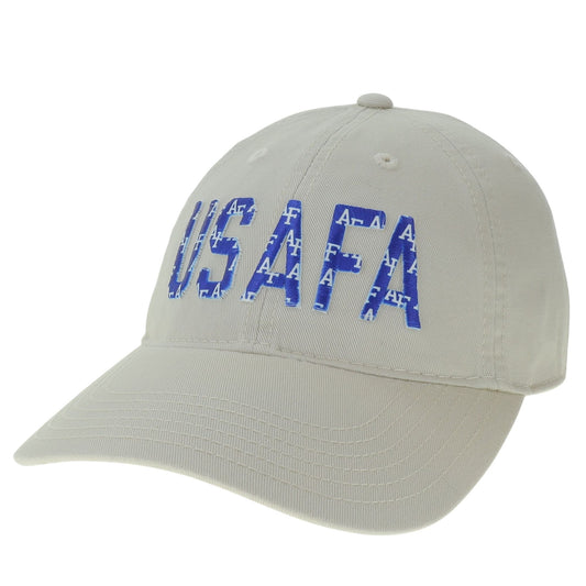 Air Force USAFA Signature Pattern Hat in beige with USAFA lettering filled with repeating AF logo pattern