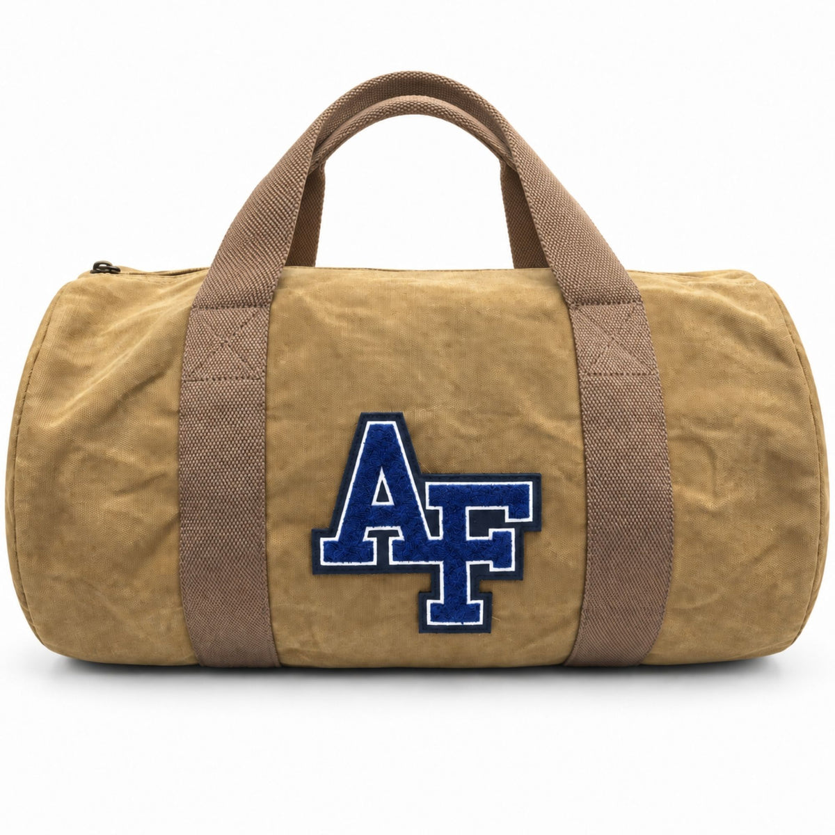 Front view of the Air Force waxed canvas club bag featuring a chenille AF logo and brown carrying handles.
