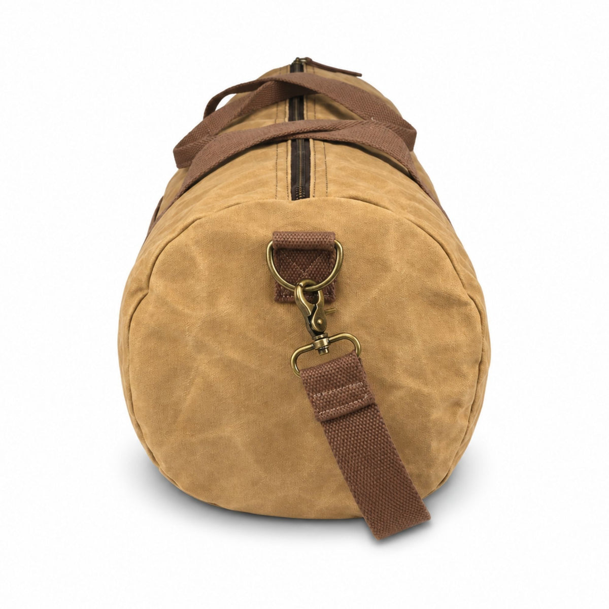Side view of the Air Force waxed canvas club bag showing the removable brown shoulder strap and antique brass hardware.