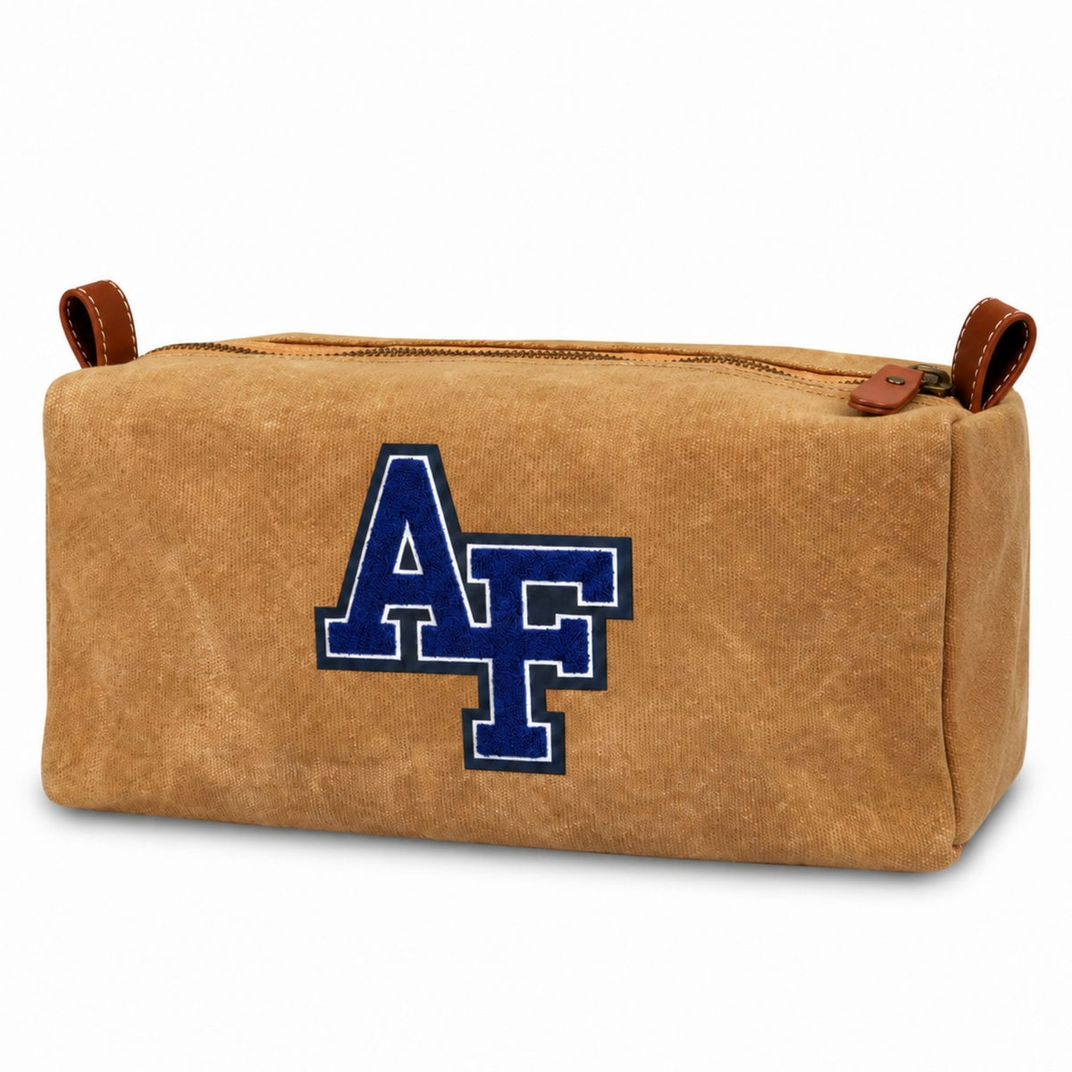 Air Force waxed canvas dopp kit with a navy and white chenille AF logo and brown leather details.