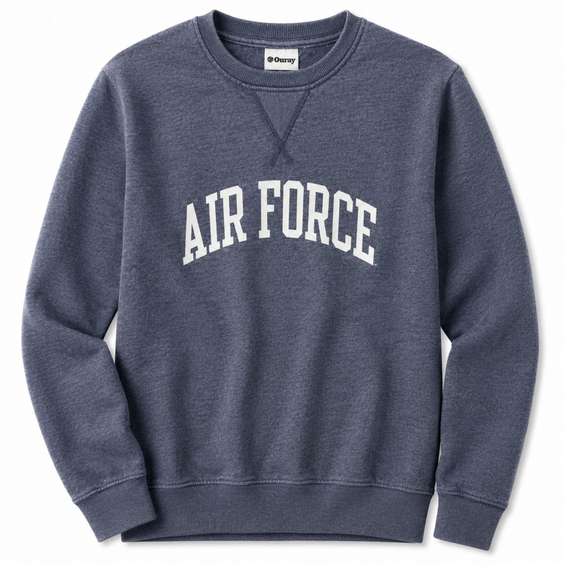 Heather navy Air Force Weathered Fleece Crew sweatshirt featuring a vintage-inspired wash, arched Air Force graphic, V-stitched neckline, and brushed fleece interior.