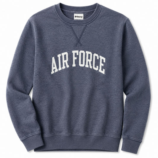 Heather navy Air Force Weathered Fleece Crew sweatshirt featuring a vintage-inspired wash, arched Air Force graphic, V-stitched neckline, and brushed fleece interior.