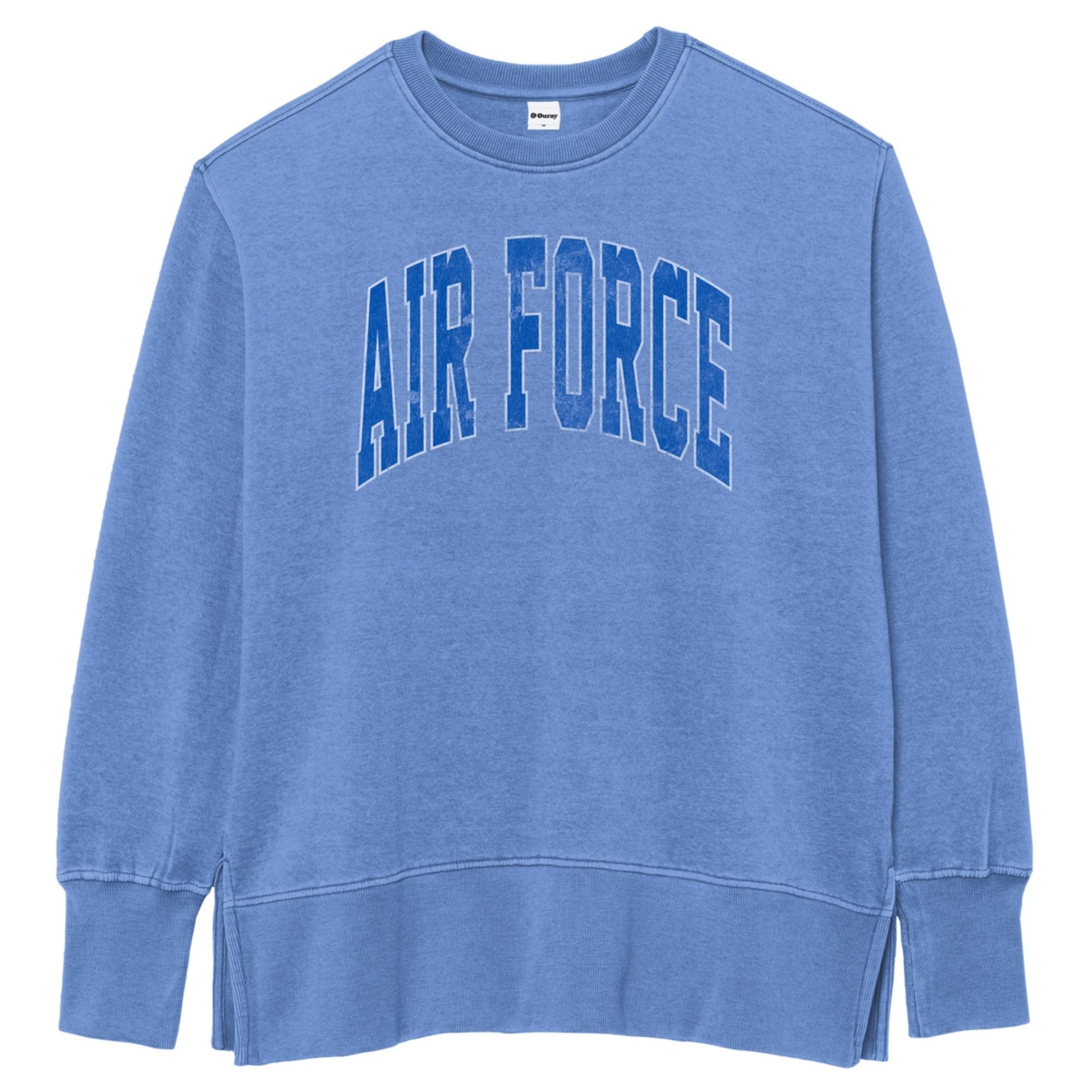 Blue Air Force Weathered Weekend Crewneck with vintage collegiate Air Force graphic and relaxed oversized fit
