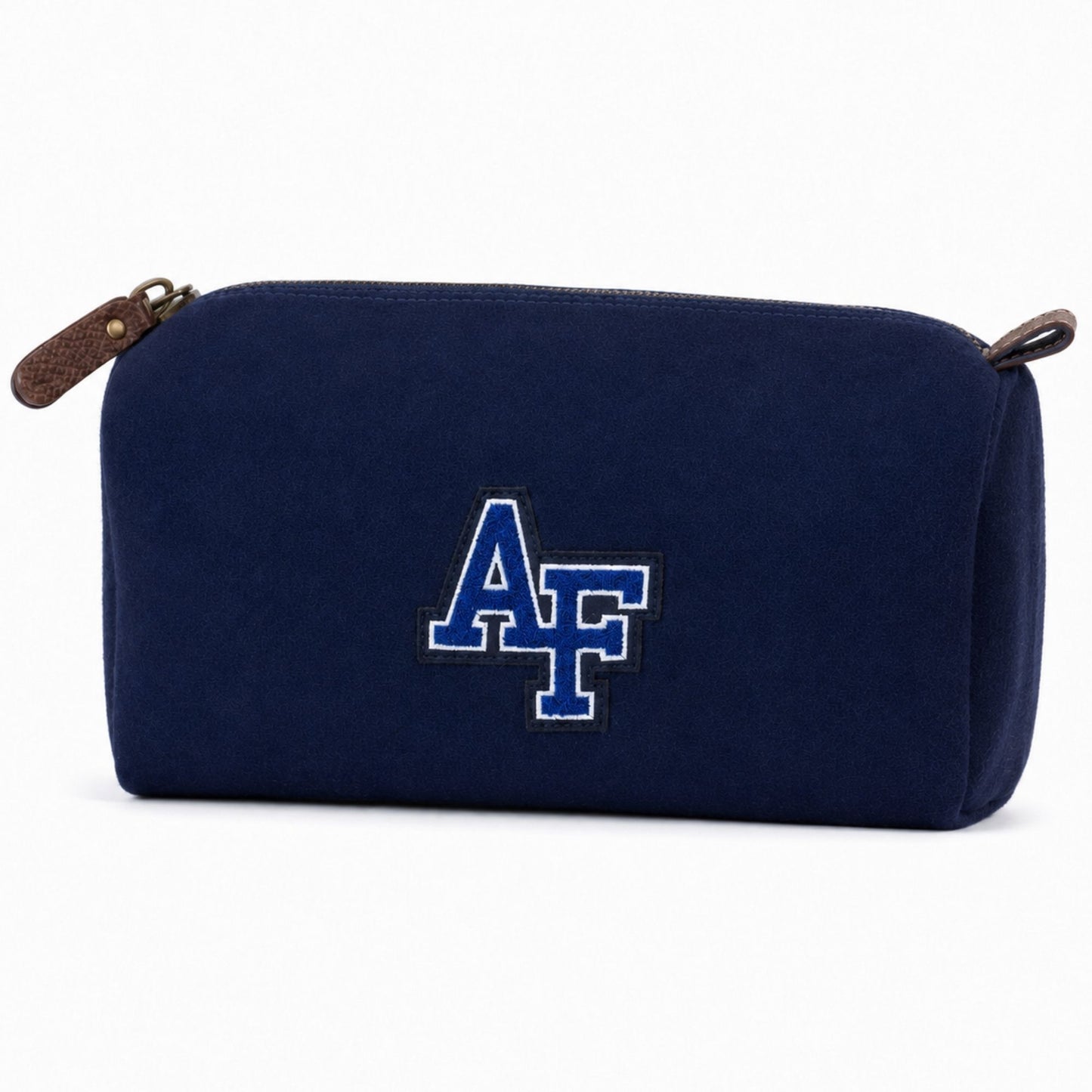 Front view of the navy Air Force Wool Dopp Kit featuring a blue-and-white chenille AF patch and leather zipper pull.