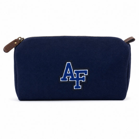 Front view of the navy Air Force Wool Dopp Kit featuring a blue-and-white chenille AF patch and leather zipper pull.