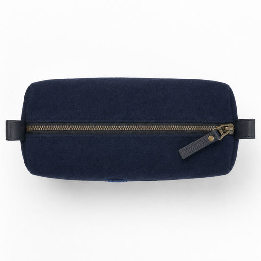Navy Air Force Wool Dopp Kit by Heritage Gear featuring a blue-and-white chenille AF patch, leather trim, and brass zipper hardware.