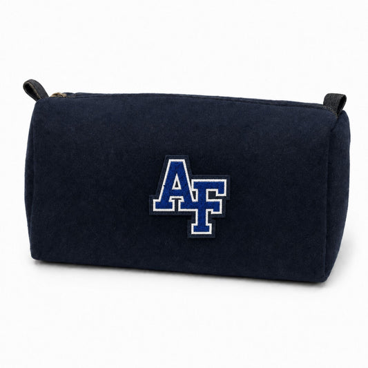 Navy Air Force Wool Dopp Kit by Heritage Gear featuring a blue-and-white chenille AF patch, leather trim, and brass zipper hardware.