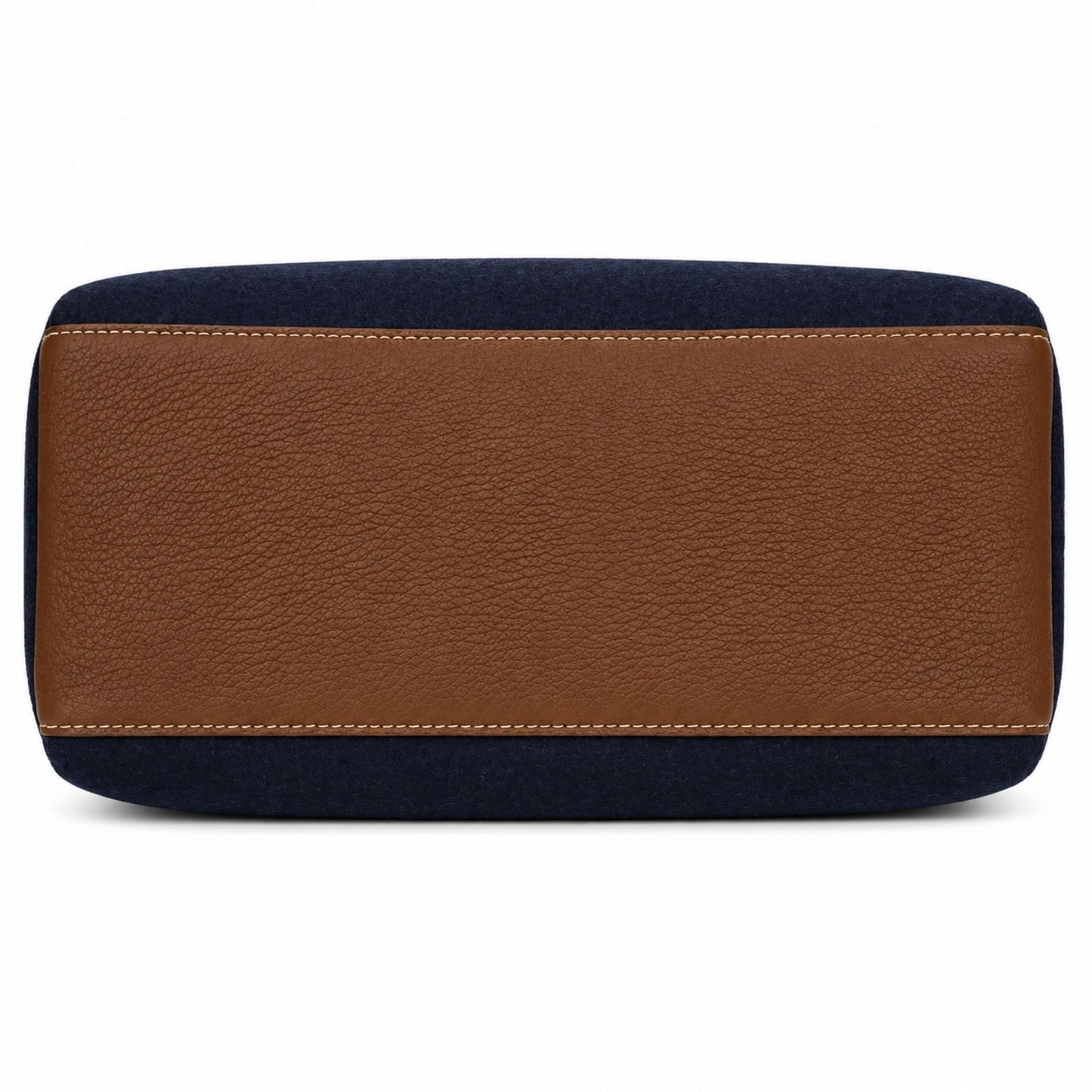 Bottom view of the Air Force Wool Dopp Kit featuring a full-grain brown pebbled leather base with contrast stitching.