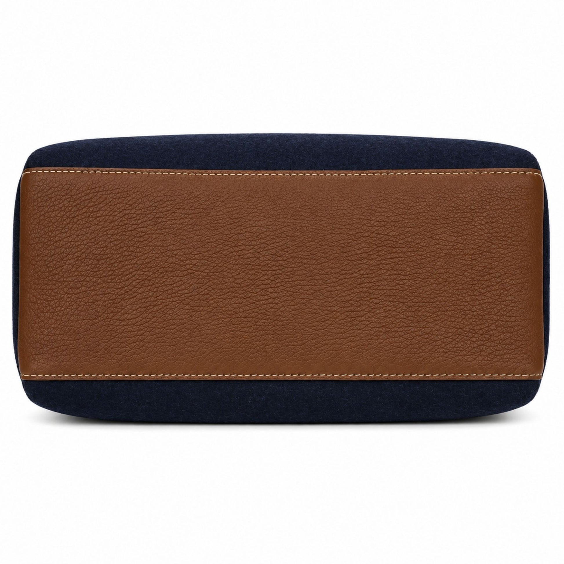 Bottom view of the Air Force Wool Dopp Kit featuring a full-grain brown pebbled leather base with contrast stitching.