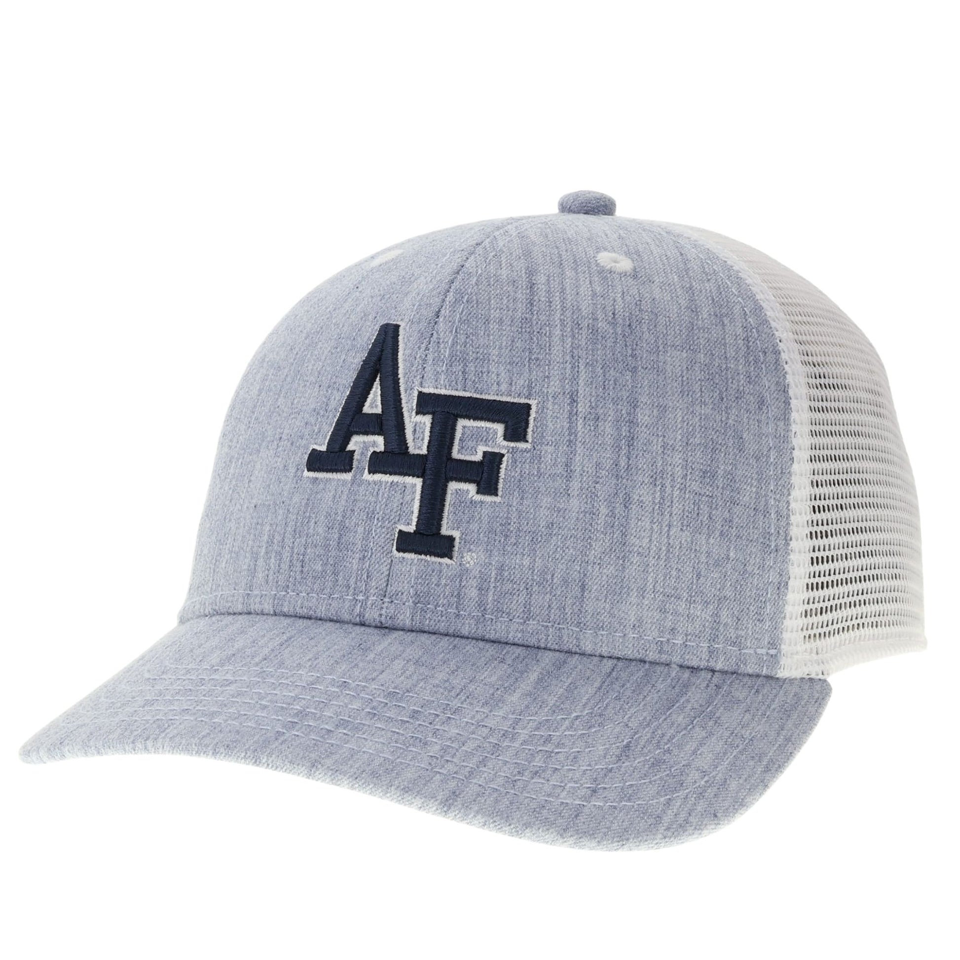Air Force youth Blue Ridge trucker hat with denim front panels, mesh back, and embroidered AF logo