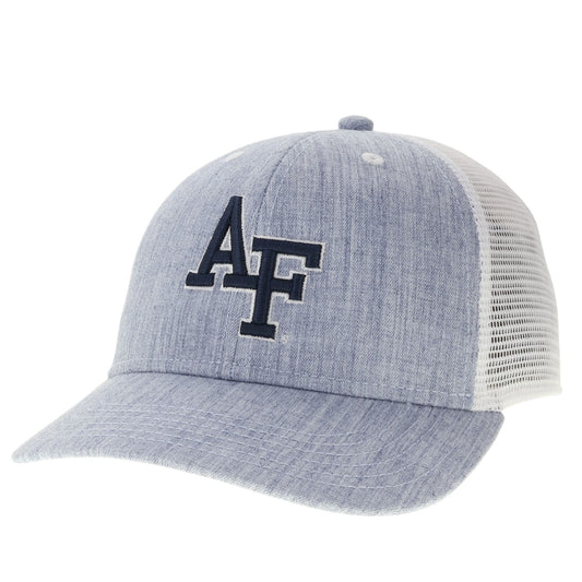 Air Force youth Blue Ridge trucker hat with denim front panels, mesh back, and embroidered AF logo