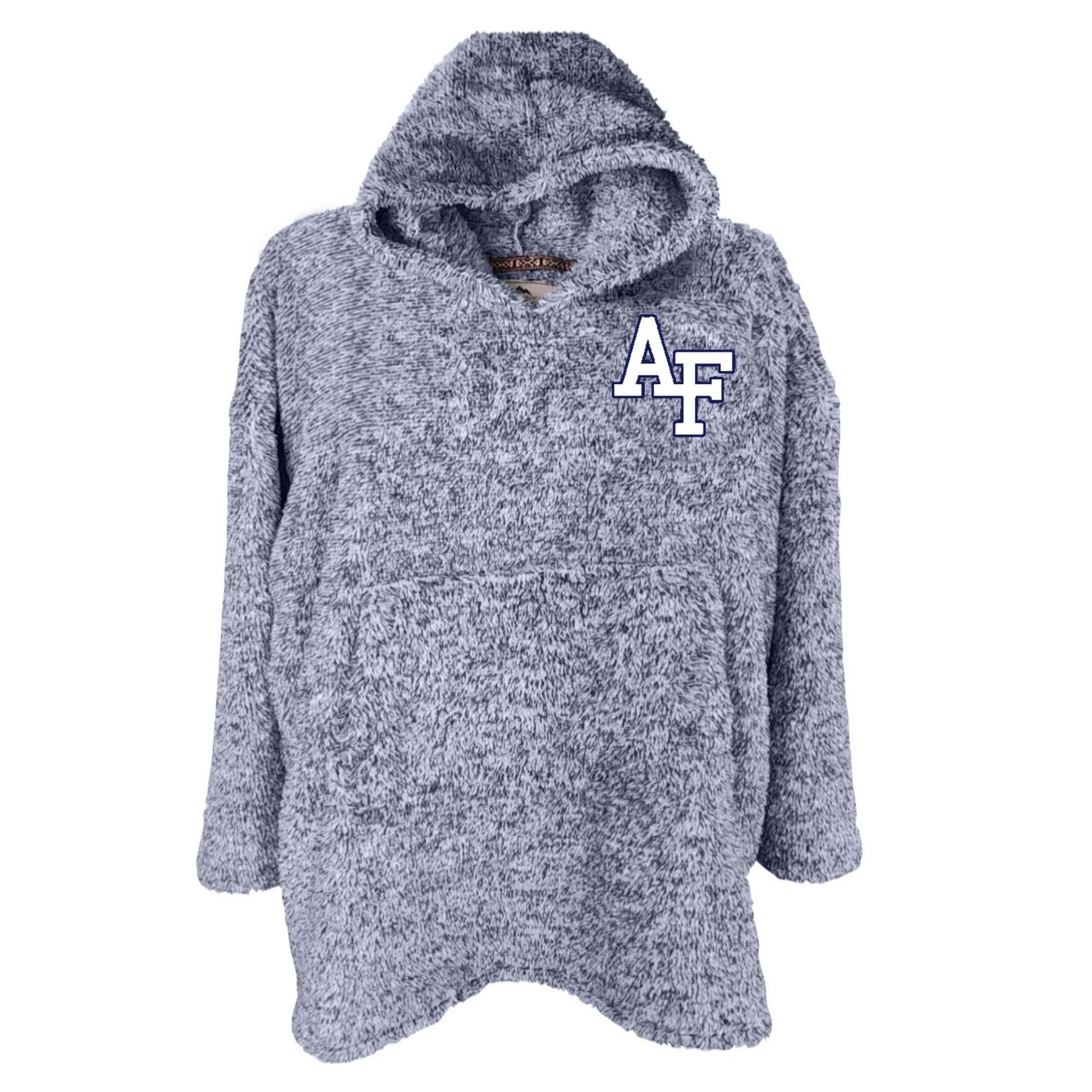 Air Force Youth Cozy Blanket Hoodie in blue plush fabric with embroidered AF logo