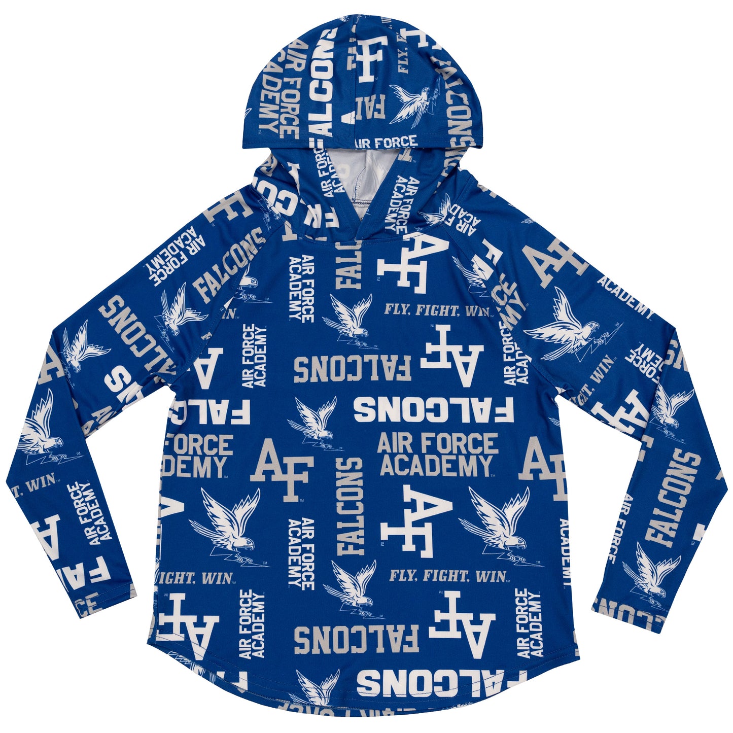 Air Force Youth Falcon Rally performance hoodie with all-over sublimated Falcons, AF logos, and Air Force Academy graphics
