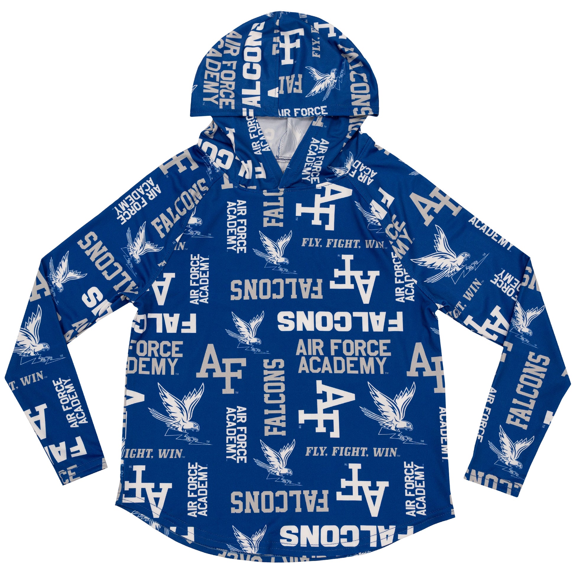 Air Force Youth Falcon Rally performance hoodie with all-over sublimated Falcons, AF logos, and Air Force Academy graphics