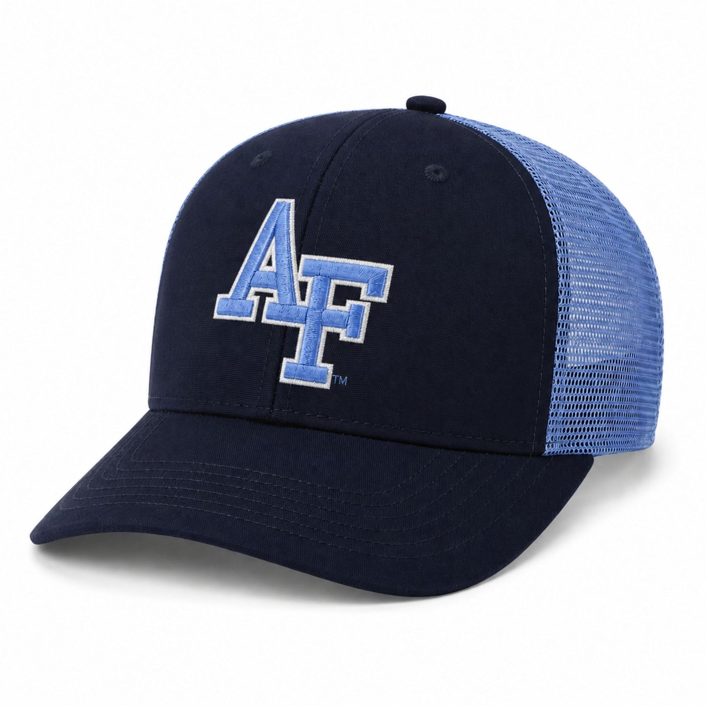 Navy and sky blue Air Force trucker hat with embroidered AF logo