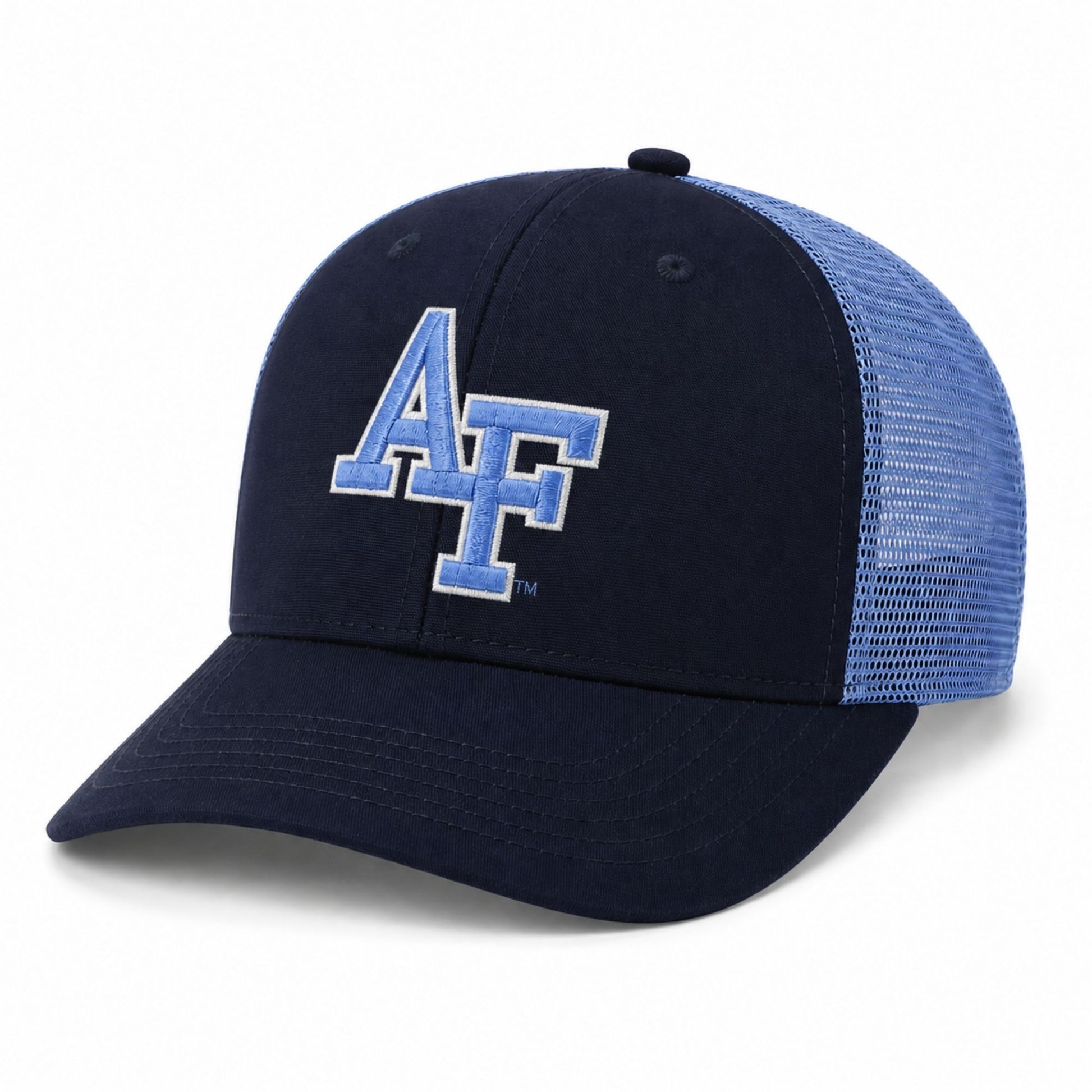 Navy and sky blue Air Force trucker hat with embroidered AF logo