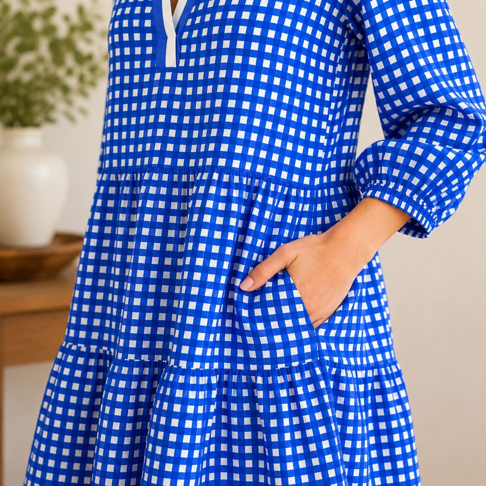 Blue Skies Gingham Dress in Air Force blue and white with a tiered skirt and three-quarter balloon sleeves