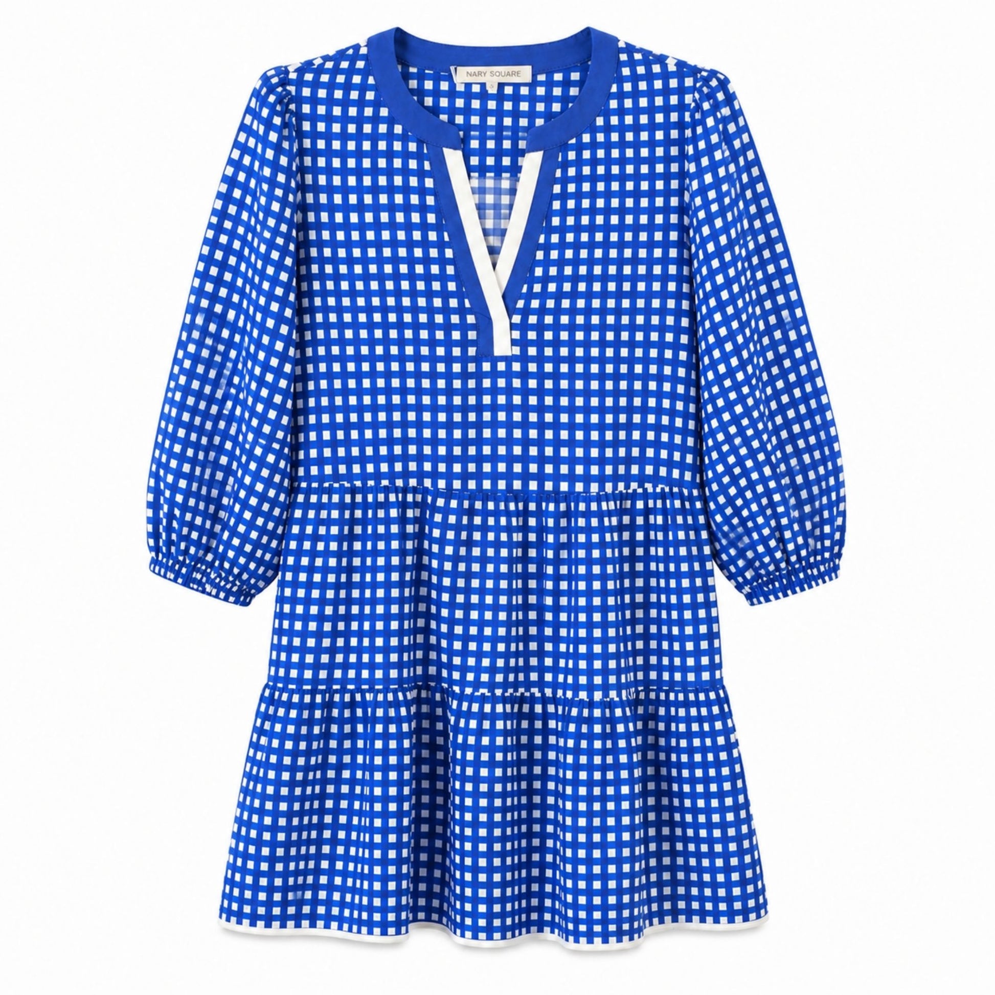 Blue Skies Gingham Dress in Air Force blue and white with a tiered skirt and three-quarter balloon sleeves