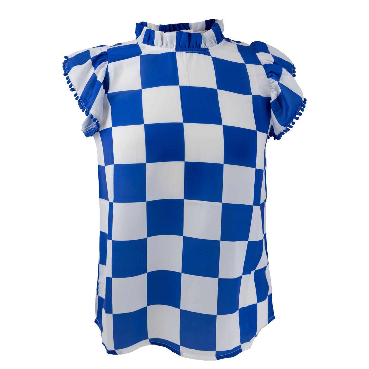 Blue and white gameday check blouse with ruffle sleeves and high neckline