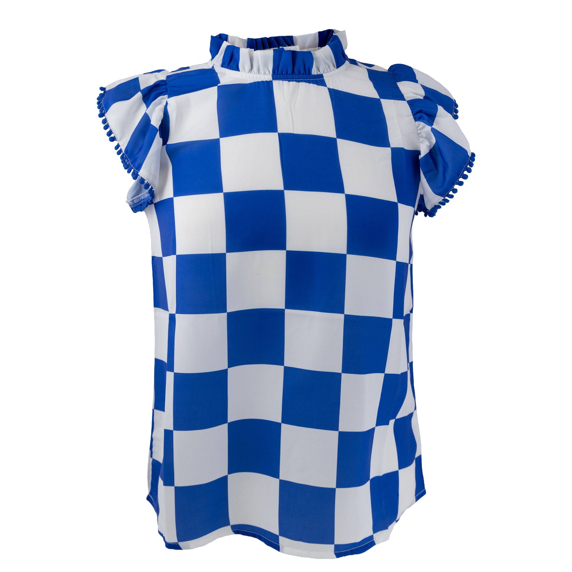 Blue and white gameday check blouse with ruffle sleeves and high neckline