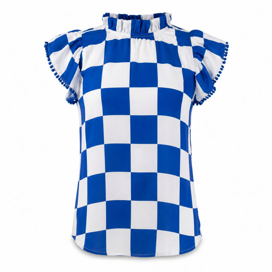 Blue and white gameday check blouse with ruffle sleeves and high neckline